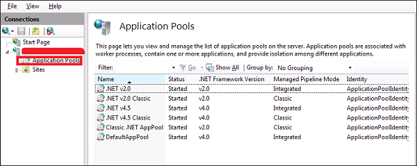 Access Server Manager > Internet Information Services (IIS) Manager > Application Pools