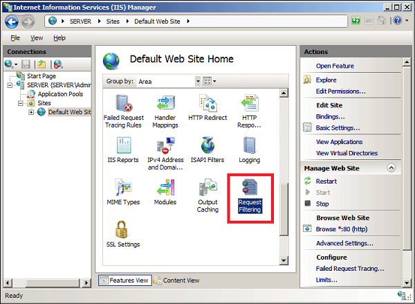 Go to Server Manager > Internet Information Services (IIS) Manager > Request Filtering