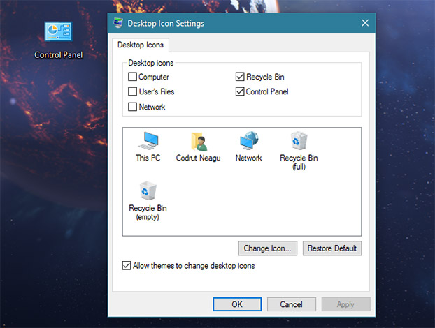 Create a shortcut to Control Panel and pin it to your desktop