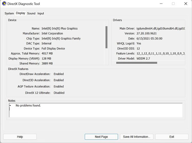 DirectX Diagnostic Tool window in Windows 11