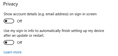Turn off Use my sign in info to automatically finish setting up my device after an update or restart