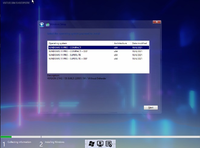 Windows 11 Pro version selection interface: SuperLite/Compact