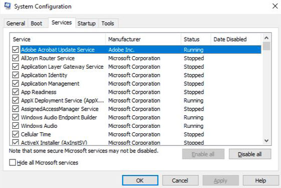 Select Hide all Microsoft services