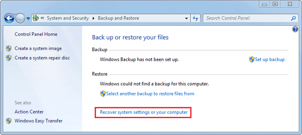 Find “Recover system settings on your computer”