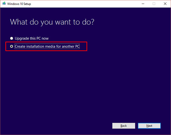 Click the Create installation media for another PC option in the new window