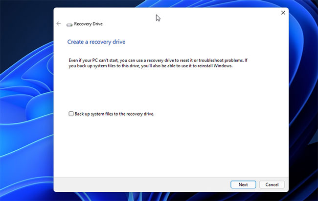 Uncheck the option Back up system files to the recovery drive