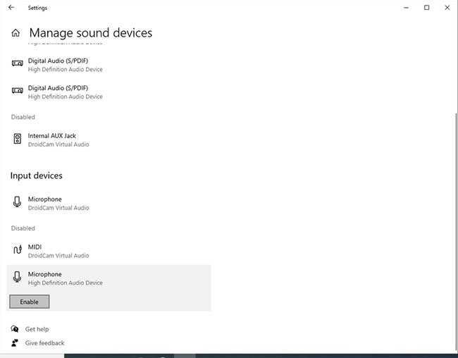 Enable microphone from Disabled section in Windows Settings
