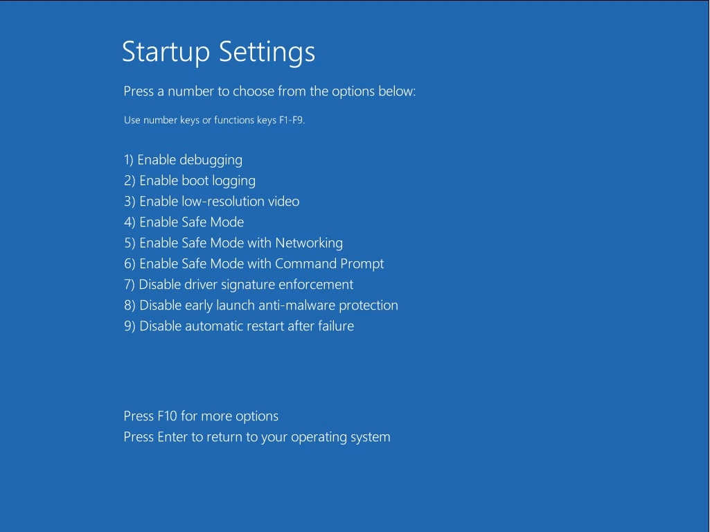 Startup Settings screen
