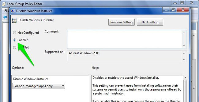 In Disable Windows Installer window