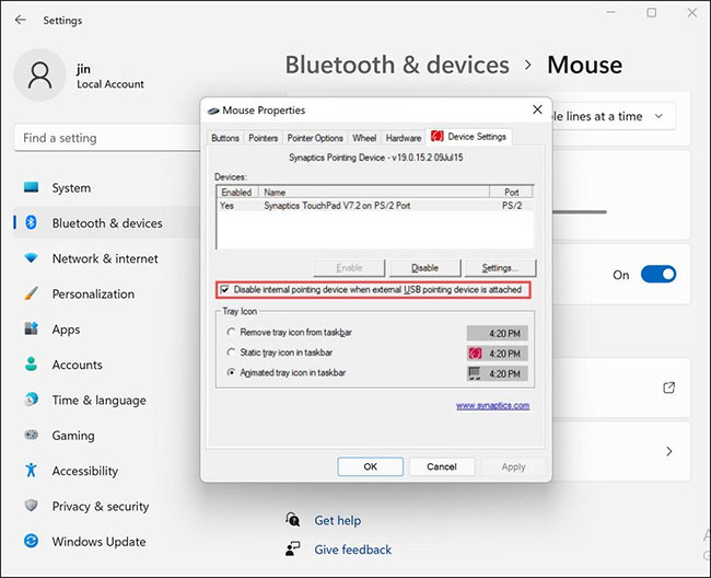 Turn on the touchpad in Windows 11's settings