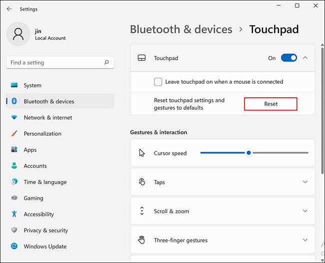 Reset touchpad settings
