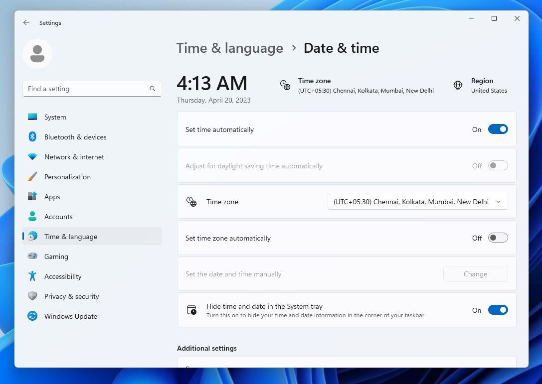 Taskbar date time settings