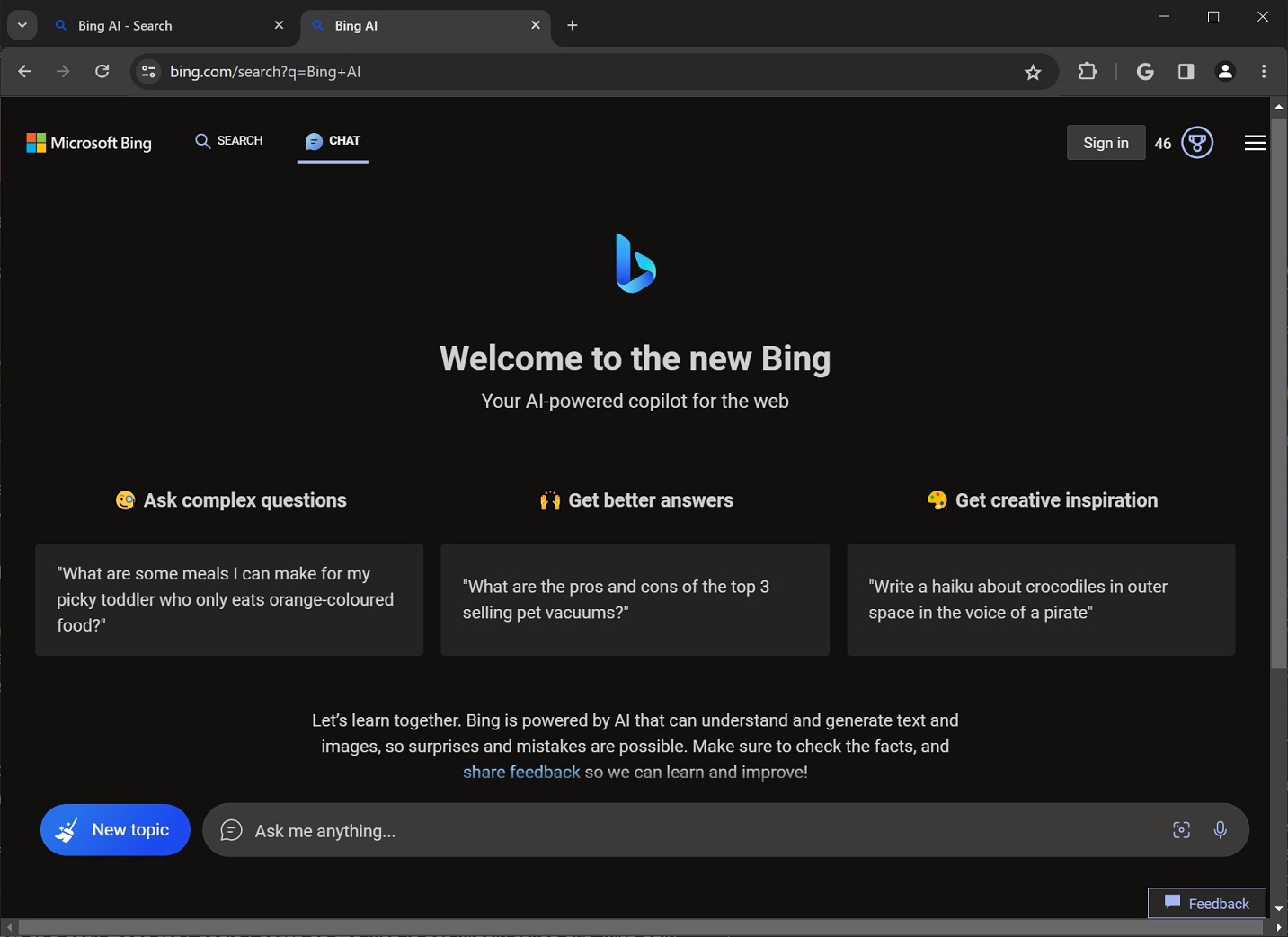 Bing AI in Google Chrome